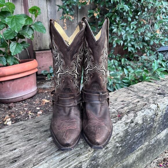 E & A Outlaws Western Wear Cowboy Brown Leather Strap Boots Women's Size 7 US - Picture 3 of 12